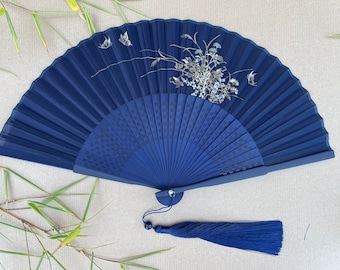 Blue Folding Hand Fan: Flowers and Butterflies, Gift Box & Pouch