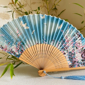 Blue shades Silk Fabric Bamboo Ribs Hand Held Fan with a Pouch , Beautiful Butterflies & Flower print