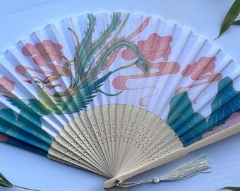 Japanese Phoenix Silk Hand Fan Bamboo Folding Fan with Pouch