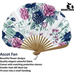 May include: A white folding fan with a floral design in shades of pink, blue, and green. The fan is made of bamboo and has a decorative handle.