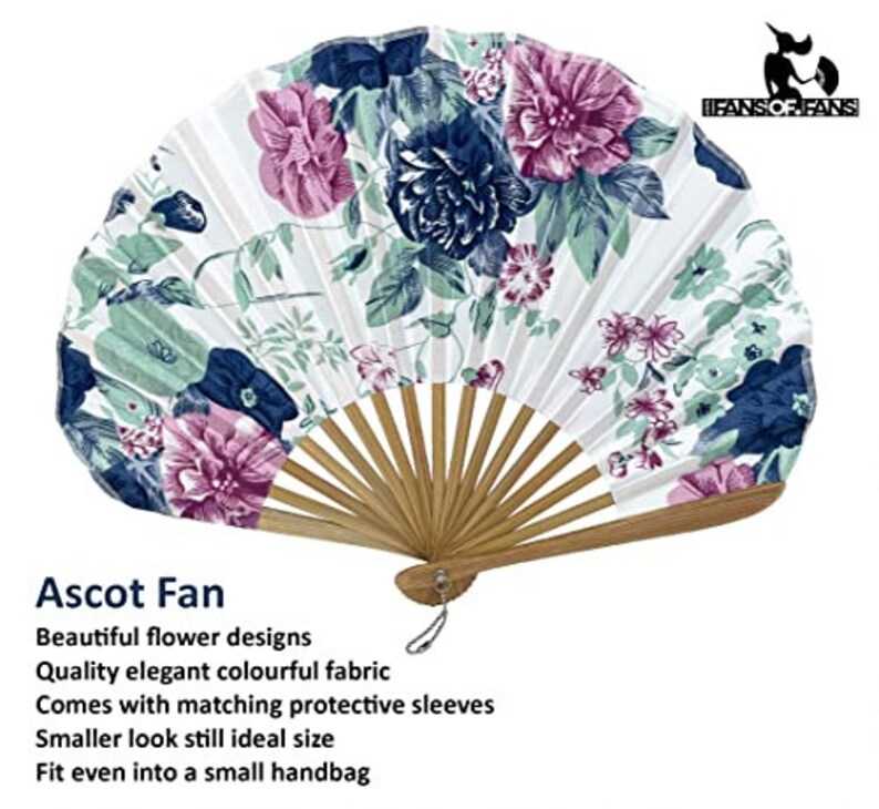 May include: A white folding fan with a floral design in shades of pink, blue, and green. The fan is made of bamboo and has a decorative handle.