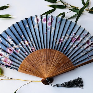 Blue Silk Hand Fan: Bamboo Ribs, Butterfly & Flower Print