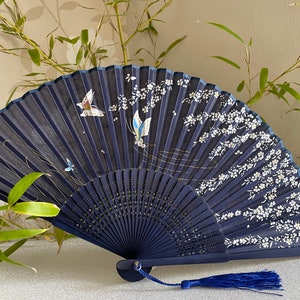 Navy Blue Silk Hand Fan: Butterfly & Flower Print, Bamboo Ribs