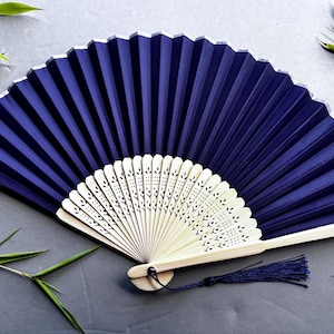 Indigo Silk Fabric Fan: Bamboo Ribs, Tassel, Wedding Favor