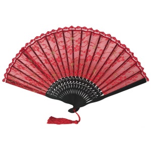 Vintage Red Lace Hand Fan with gold , Bamboo Ribs Folding Fans With a Tassel & a pouch