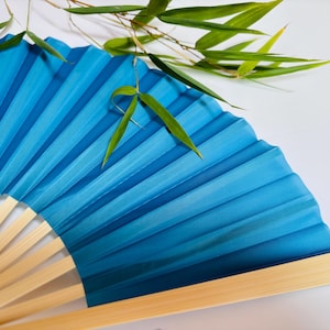 Deep Sky Blue Fabric Hand Fan: Bamboo Ribs, Wedding Favor