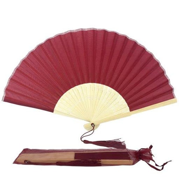 Dark Red  colour  Fabric Fan with a Tassel Grade A Bamboo Ribs Wedding Party Favour Handheld Fan