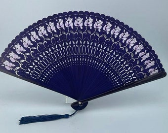 Abanico plegable de mano con una rosa pintada, varillas de bambú para mujeres y niñas Fans Abanico de mano con bolsa - Color púrpura