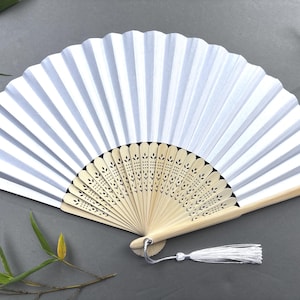 White Paper hand Fan White Colour  with a Tassel Grade A Bamboo Ribs Wedding Party Favour Handheld Fan