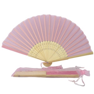 Pack of 10 Soft Pink Handheld Fabric Folding Fan with a Tassel Grade A Bamboo Ribs Wedding Party Favour Handheld Fan image 3