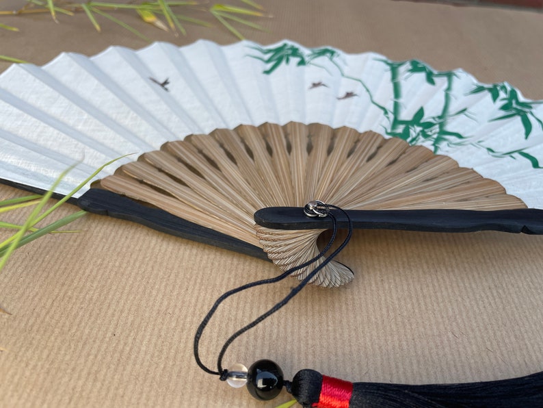 White Handheld Folding Hand Fan with a Pouch and Box Women Girls Durable Quality Folding Fabric Fan HQ Range with Bamboo Trees Artwork image 7