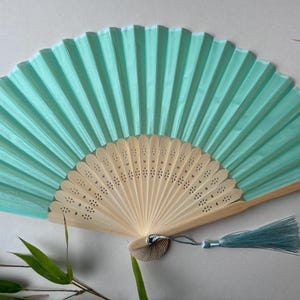 Light Turquoise Fabric Hand Fan with Tassel - Bamboo Ribs (Pack of 10)