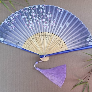 Dark Blue Folding Hand Fan with Flowers & Pouch