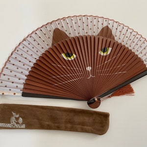 Cat Hand Fan: Hand-Painted Folding Bamboo Fan with Pouch