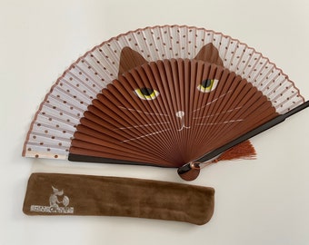 Hand-Painted Cat Bamboo Folding Fan with Pouch | Japanese Summer Accessory