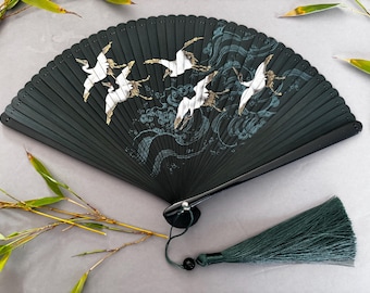 Emerald Green Crane Bamboo Folding Fan with Pouch, Japanese Style Oriental Art Accessory