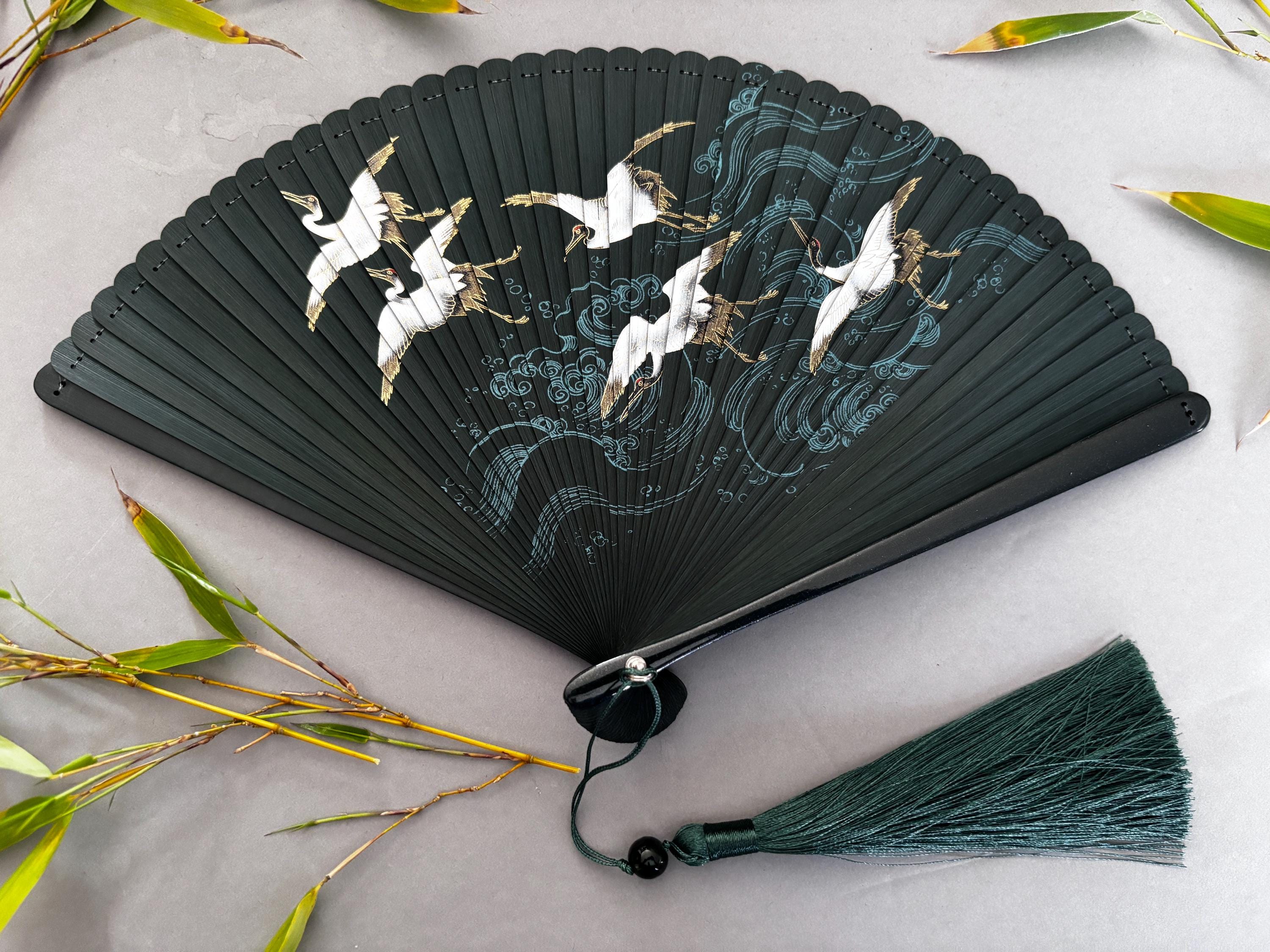 Emerald Green Crane Bamboo Folding Fan With Pouch | Japanese Style