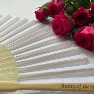 Engraved &#39;Aunty of the Bride&#39; White Fabric Fan: Bamboo Wedding Favor