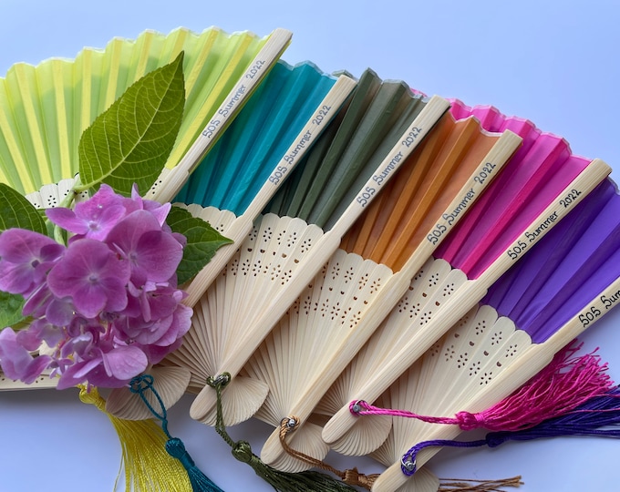 Custom Engraved Silk Fabric Fan | Personalized Bamboo Keepsake with Choice of Colors