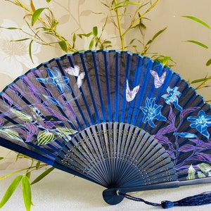 Navy Blue shades Silk Fabric Bamboo Ribs Hand Held Fan with a Pouch , Beautiful Butterflies & Flower print