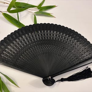 HIGH QUALITY RARE Black colour wooden patterns engraved Hand Fan with Pouch