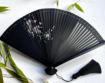 Black Sakura Bamboo Hand Fan | Cherry Blossom Folding Fan | Japanese Wedding Accessory with Pouch