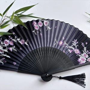 Black shades Silk Fabric Bamboo Ribs Hand Held Fan with a Pouch , Beautiful Flower print