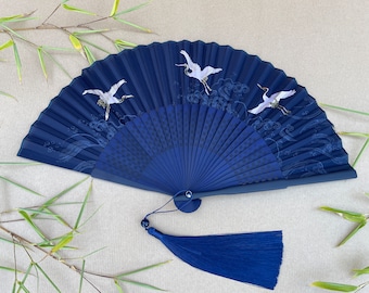 Navy Blue Crane Folding Hand Fan with Pouch & Gift Box