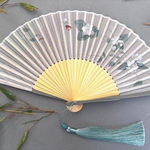 Camellia  flowers, Greyish Ivory Silk Fabric Fan a Beautiful Handcrafted Box a Super Soft Fabric Pouch Folding Hand