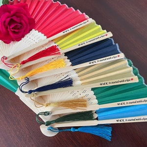Bulk Personalised Paper/Fabric Hand Fan Pack of 10 Print Customised Wedding Favour Party Anniversary Custom Text Print on the Main Rib