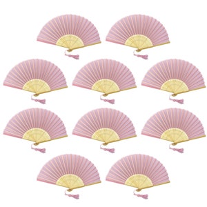 Pack of 10 Soft Pink Handheld Fabric Folding Fan with a Tassel Grade A Bamboo Ribs Wedding Party Favour Handheld Fan image 2