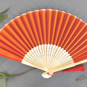 Orange colour  Fabric Fan with a Tassel Grade A Bamboo Ribs Wedding Party Favour Handheld Fan