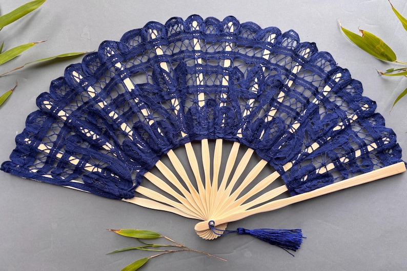 Navy Blue Battenberg Lace Hand Fan Brown , Bridal, Dance, Party Favors ...