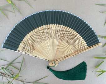 Emerald Green Fabric Border Handheld Folding Fan with Pouch and Box Women Girl Durable High Quality With Green Tassel and Craved Bamboo Ribs