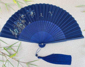 Floral Dragonfly Folding Hand Fan: Blue Fabric with Gift Box