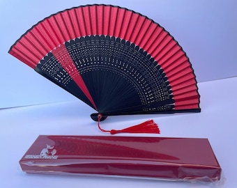 Ventaglio in tessuto di seta rossa / Ventaglio pieghevole in bambù nero / Accessorio da matrimonio in stile spagnolo