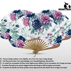 May include: A set of three white folding fans with a floral design. The fans feature a variety of pink, blue, and green flowers on a white background. The fans are made of paper and have a bamboo handle.