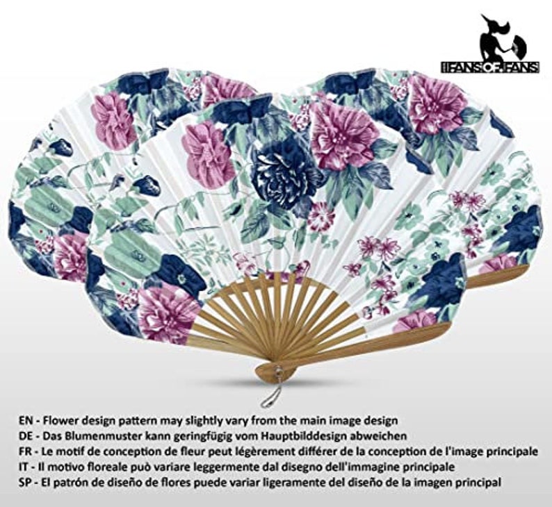 May include: A set of three white folding fans with a floral design. The fans feature a variety of pink, blue, and green flowers on a white background. The fans are made of paper and have a bamboo handle.