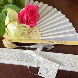 Personalized White Fabric Fan: Bamboo Ribs, Tassel & Gift Box