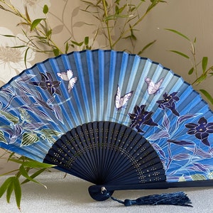 Blue shades Silk Fabric Bamboo Ribs Hand Held Fan with a Pouch , Beautiful Butterflies & Flower print