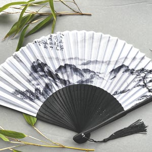 1 x Mountains scenery Handheld Folding Hand Fan , Silk Fabric Bamboo Ribs with pouch