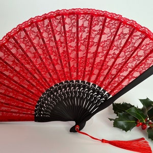 Vintage Red Lace Hand Fan, Bamboo Ribs Folding Fans With a Tassel & a pouch