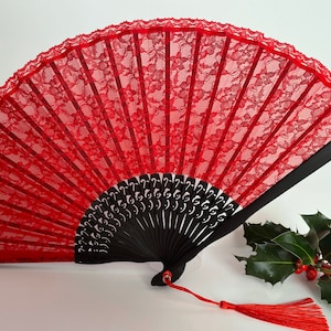 Vintage Red Lace Hand Fan, Bamboo Ribs Folding Fans With a Tassel & a pouch