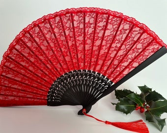 Vintage Red Lace Hand Fan, Bamboo Ribs Folding Fans With a Tassel & a pouch