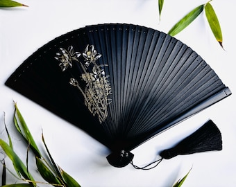 Black Lotus Flower Bamboo Hand Fan | Gold Floral Folding Fan | Japanese Style Accessory