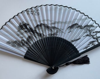 1 x Mountains scenery Handheld Folding Hand Fan , Silk Fabric Bamboo Ribs with pouch