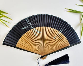 Navy Dragonfly Silk Hand Fan, Bamboo Ribs, Japanese Folding Fan with Pouch