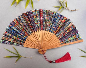 Multicolour Silk Hand Fan | Bamboo Ribs & Pouch | Ascot Style | Wedding Party Favour | Gift