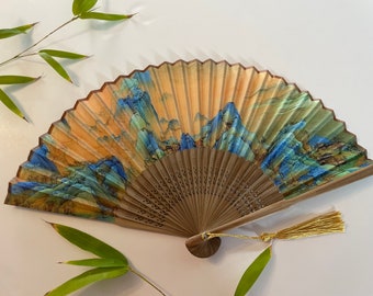 Thousand li Landscape Folding Fan , Mountains  Silk Fabric Bamboo Ribs Hand Held Fan with a Pouch