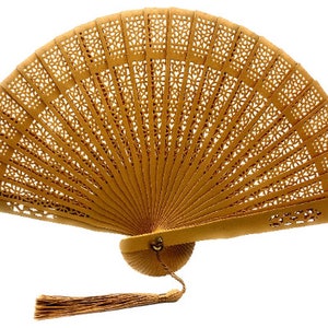 Sandalwood Type Folding Hand Fan Natural Wooden Style Fan With a Ivory Tassel Hollow-Out Patterns -Gold Spray painted